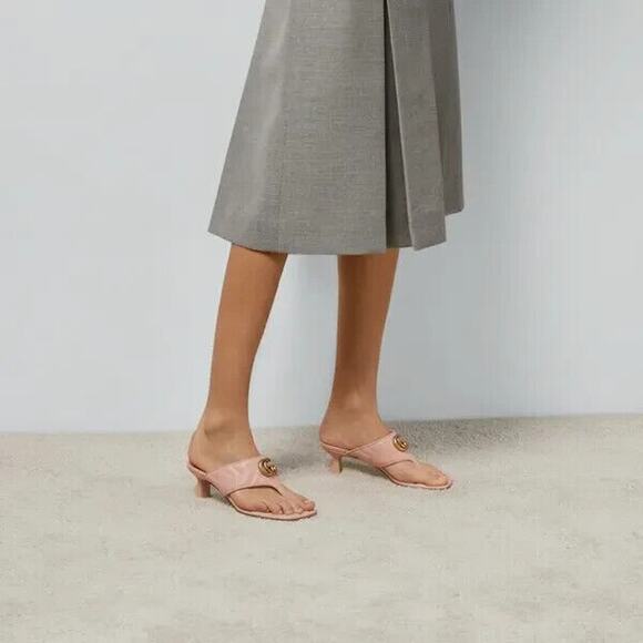 Gucci Marmont Double G 37/ US 7 Thong Pink Chevron Kitten Heel Sandals NIB - Picture 2 of 14